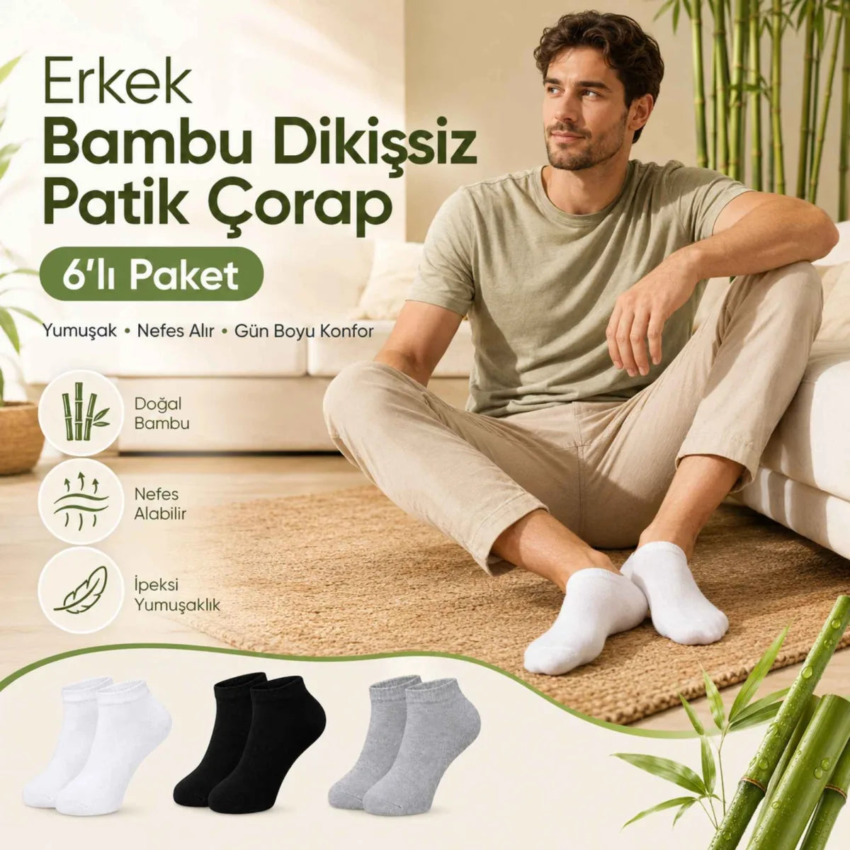 Erkek Bambu Patik Çorap 12'li | Nefes Alan Nem Emici Yumuşak, Siyah Beyaz Gri Günlük Spor