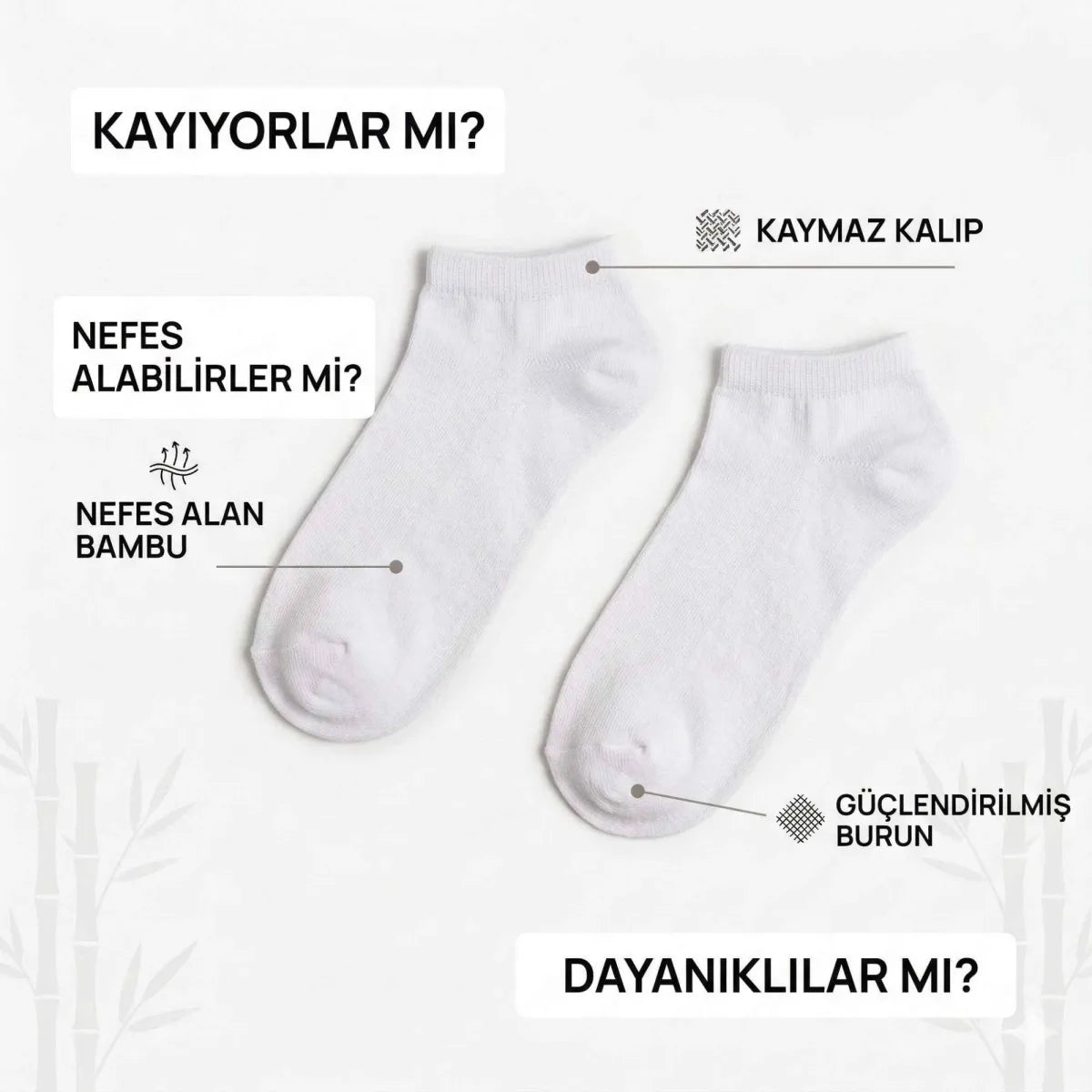 Erkek Bambu Patik Çorap 12'li | Nefes Alan Nem Emici Yumuşak, Siyah Beyaz Gri Günlük Spor