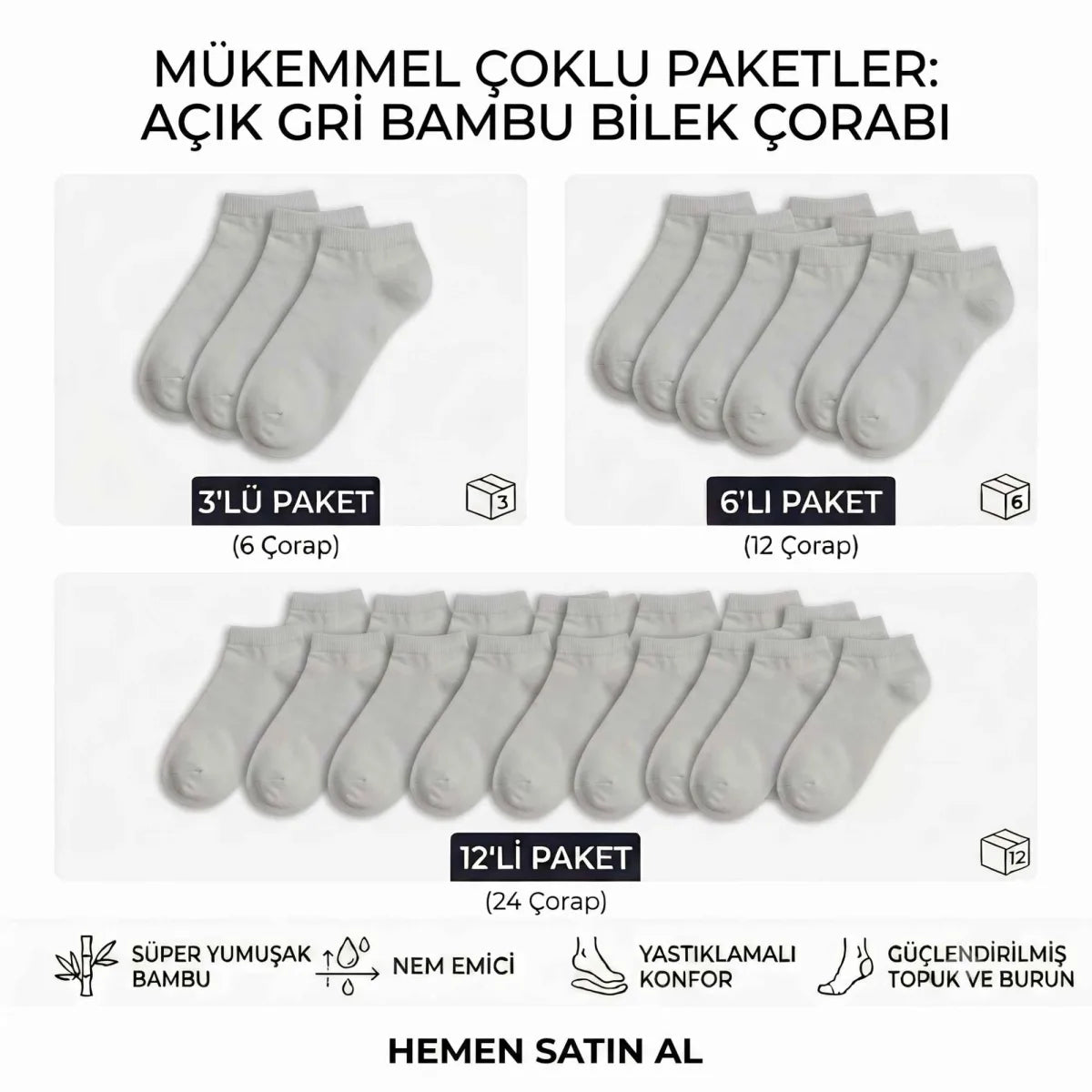 Erkek Bambu Patik Çorap 12’li Paket, Siyah Beyaz Gri, Nefes Alan Nem Emici Yumuşak Günlük Spor Bilek Çorabı