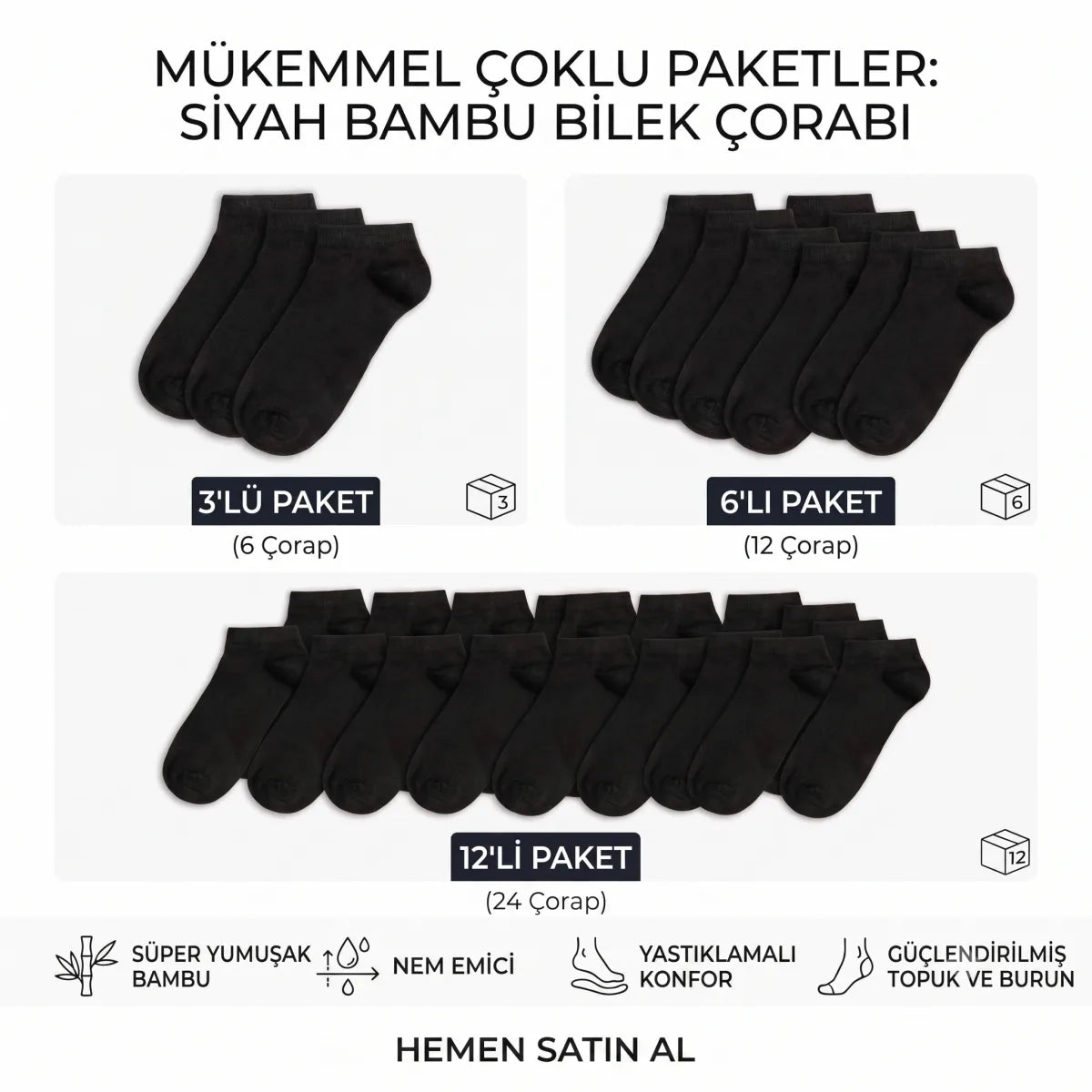 Erkek Bambu Patik Çorap 12’li Paket, Siyah Beyaz Gri, Nefes Alan Nem Emici Yumuşak Günlük Spor Bilek Çorabı