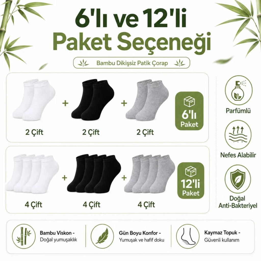 Erkek Bambu Patik Çorap 12'li | Nefes Alan Nem Emici Yumuşak, Siyah Beyaz Gri Günlük Spor