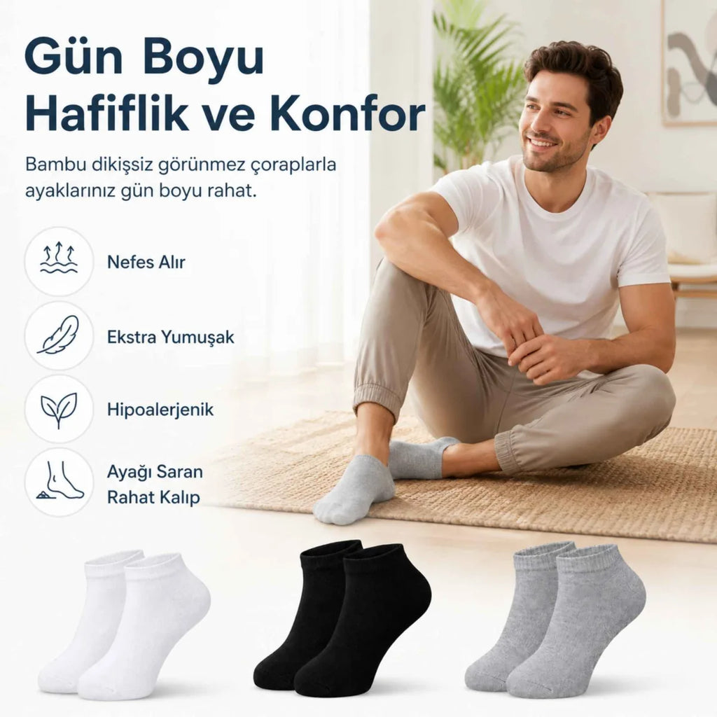 Erkek Bambu Patik Çorap 12’li Paket, Siyah Beyaz Gri, Nefes Alan Nem Emici Yumuşak Günlük Spor Bilek Çorabı