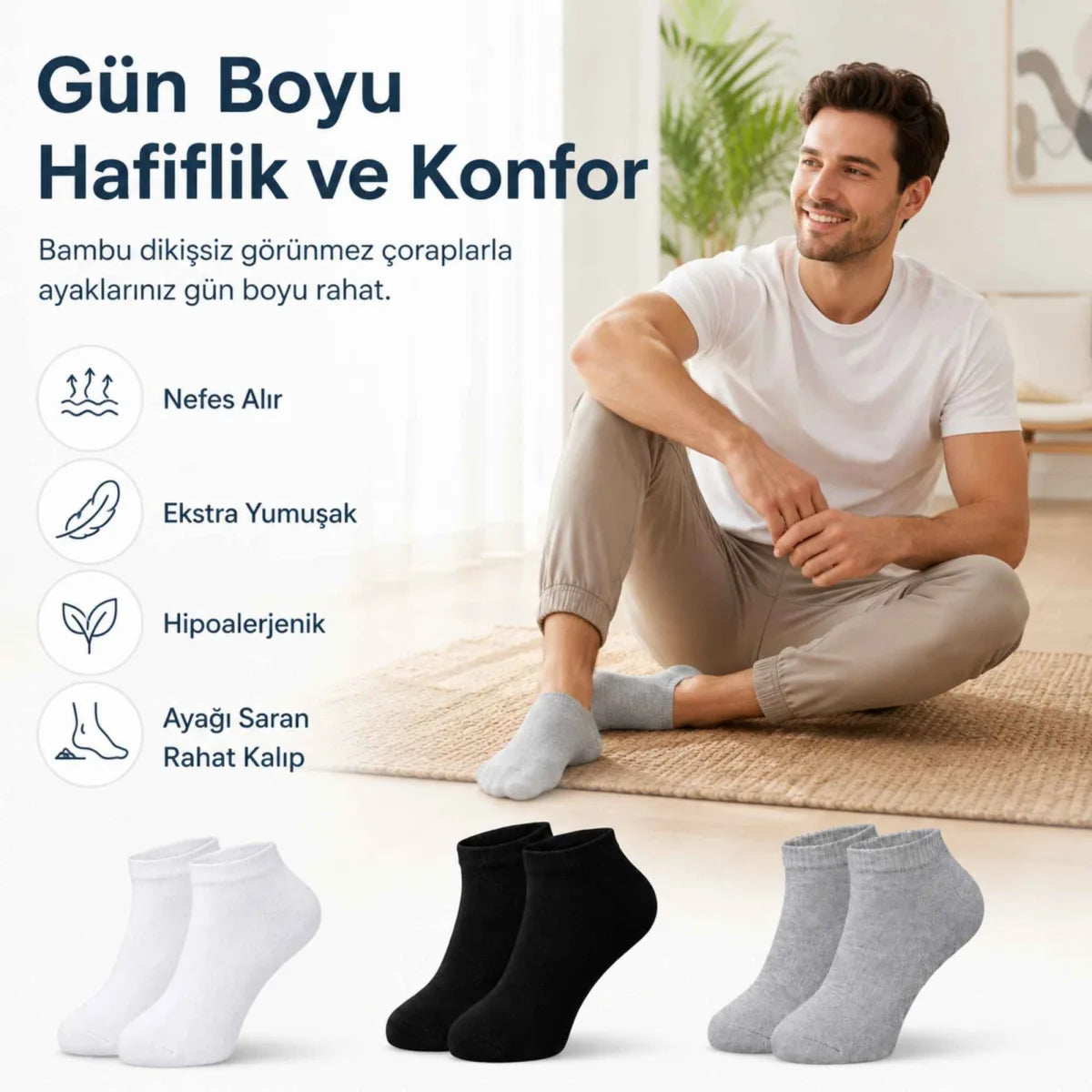 Erkek Bambu Patik Çorap 12'li | Nefes Alan Nem Emici Yumuşak, Siyah Beyaz Gri Günlük Spor
