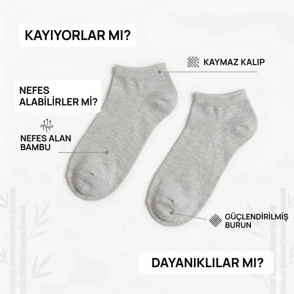 Erkek Bambu Patik Çorap 12'li | Nefes Alan Nem Emici Yumuşak, Siyah Beyaz Gri Günlük Spor