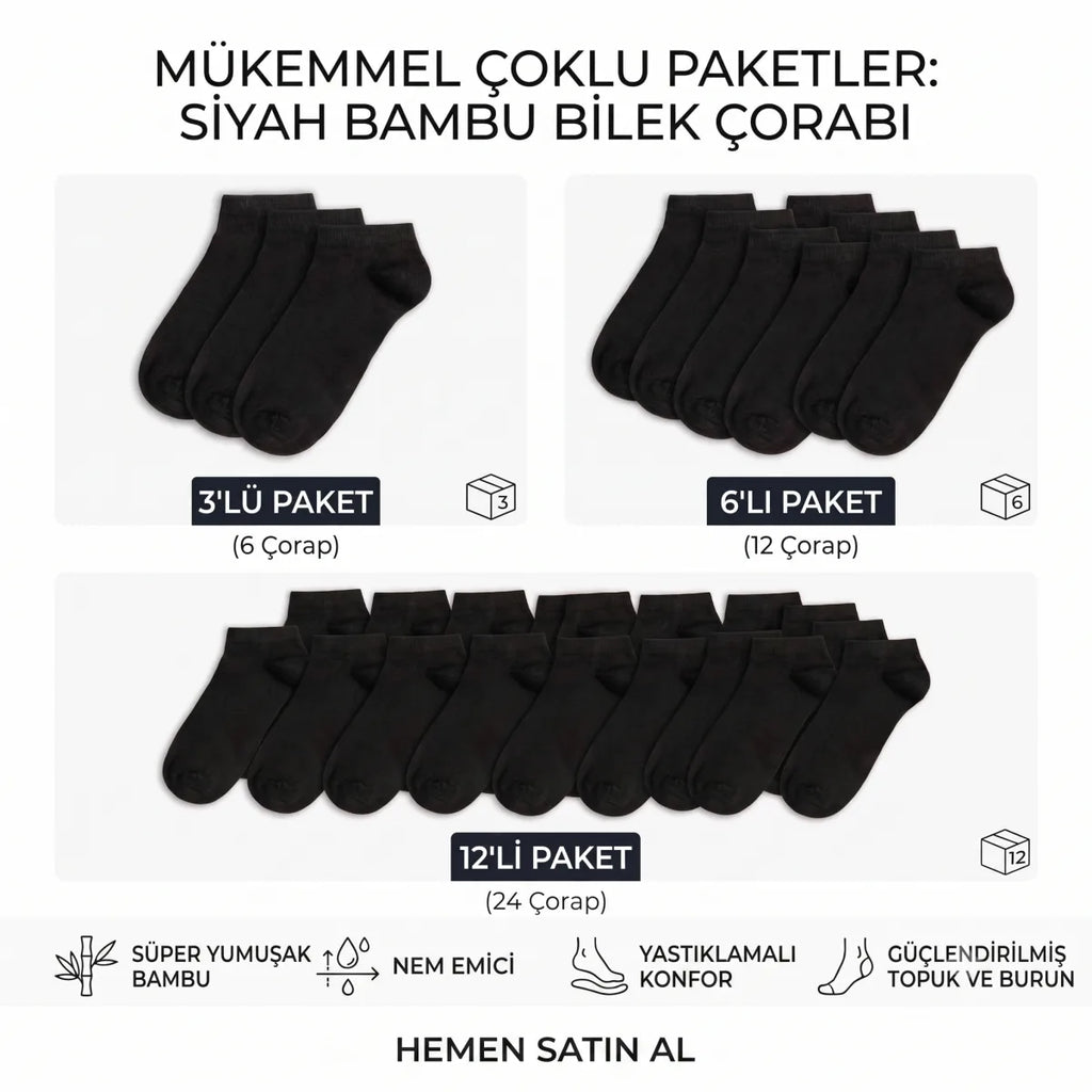 Erkek Bambu Patik Çorap 6’lı Paket, Siyah Beyaz Gri, Nefes Alan Nem Emici Yumuşak Günlük Spor Bilek Çorabı