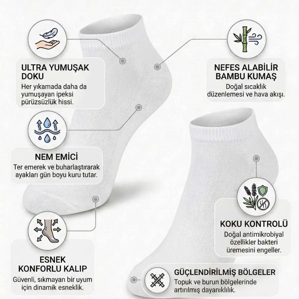 Erkek Bambu Patik Çorap 6’lı Paket, Siyah Beyaz Gri, Nefes Alan Nem Emici Yumuşak Günlük Spor Bilek Çorabı