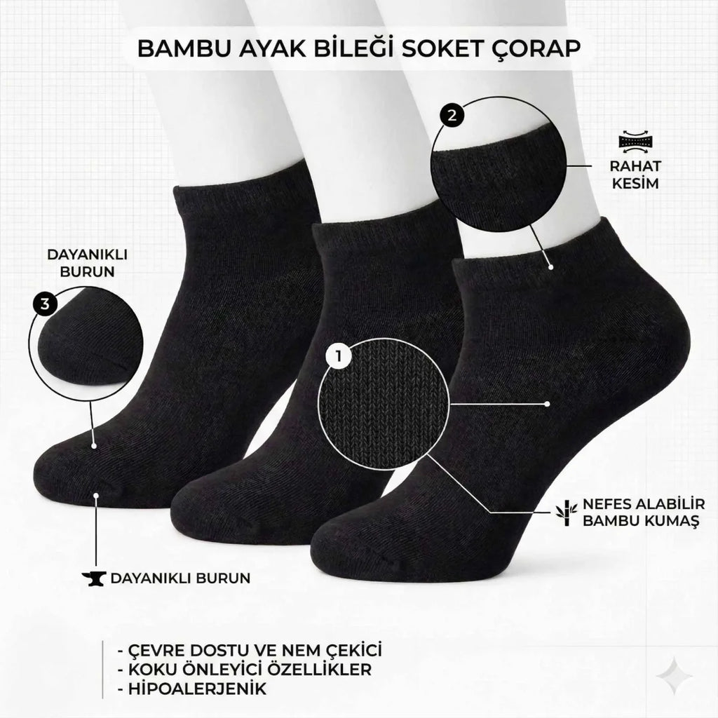 Erkek Bambu Patik Çorap 6’lı Paket, Siyah Beyaz Gri, Nefes Alan Nem Emici Yumuşak Günlük Spor Bilek Çorabı