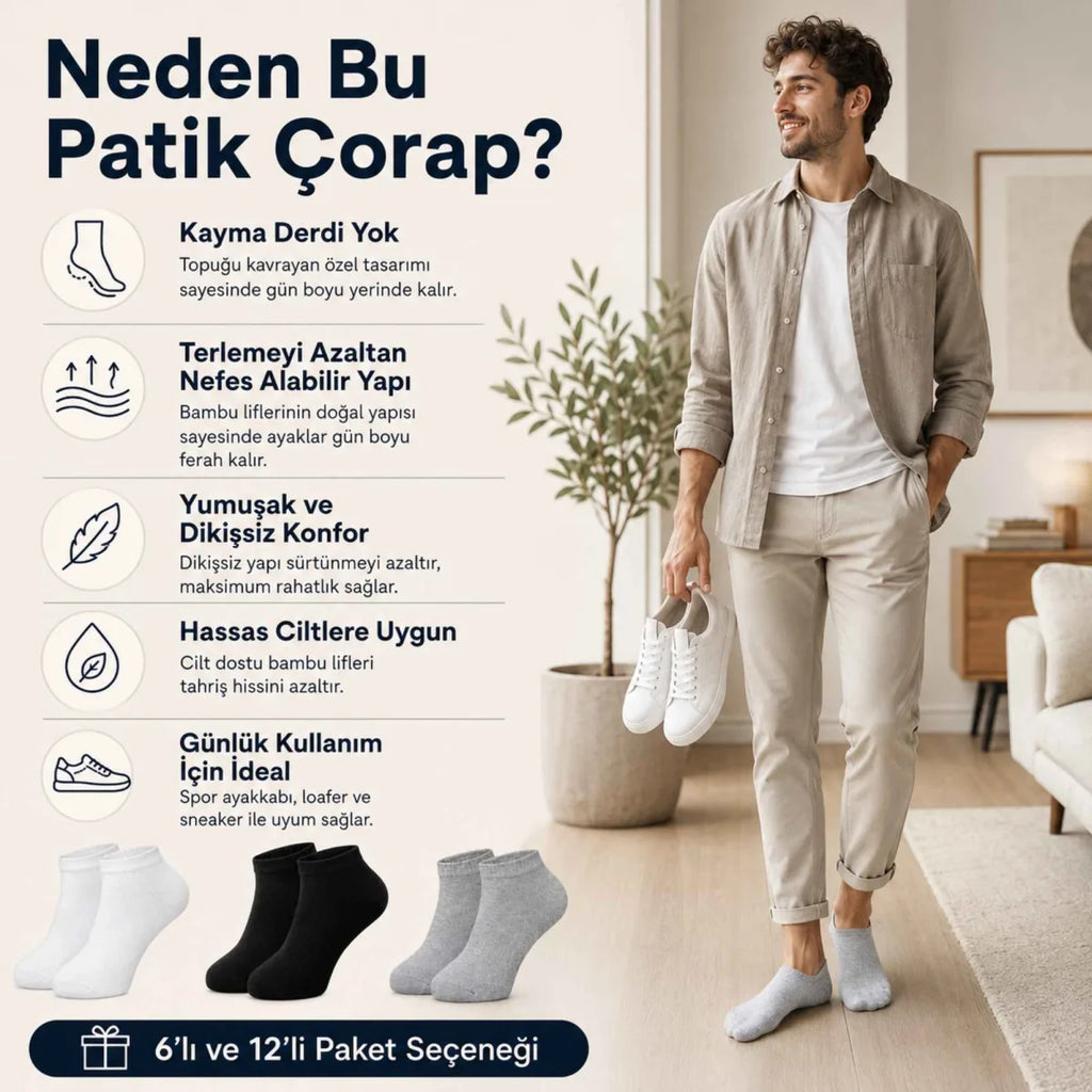 Erkek Bambu Patik Çorap 6'lı | Nefes Alan Nem Emici Yumuşak, Siyah Beyaz Gri Günlük Spor