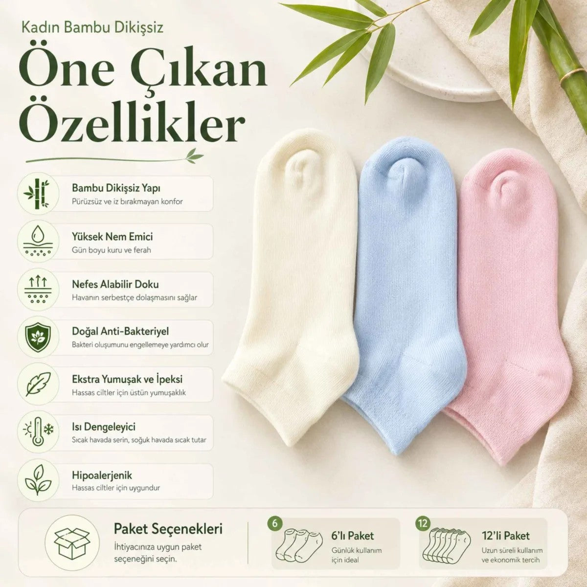 Kadın Bambu Dikişsiz Patik Çorap 12'li | Nefes Alan Nem Emici Yumuşak, Krem Mavi Pembe
