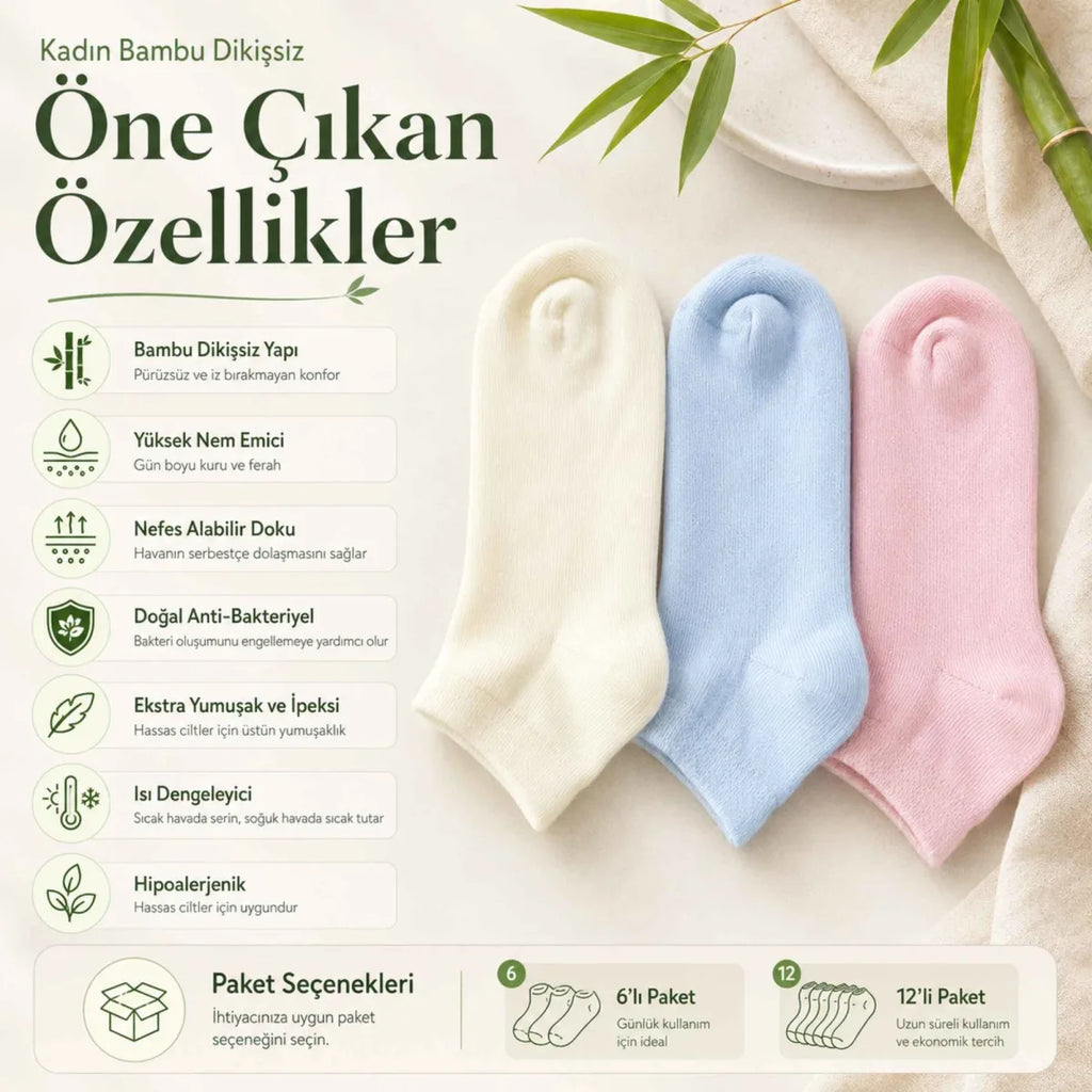 Kadın Bambu Dikişsiz Patik Çorap 3’lü Paket – Yumuşak, Nefes Alan, Nem Emici Kısa Konç Günlük Çorap – Krem, Mavi, Pembe