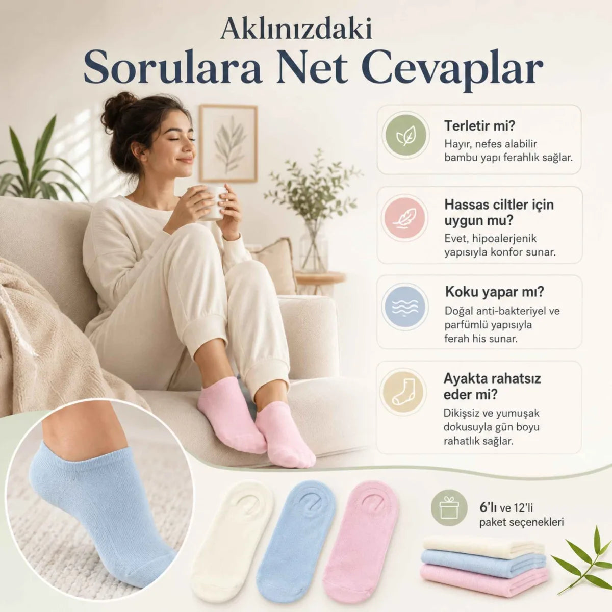 Kadın Bambu Dikişsiz Patik Çorap 3’lü Paket – Yumuşak, Nefes Alan, Nem Emici Kısa Konç Günlük Çorap – Krem, Mavi, Pembe