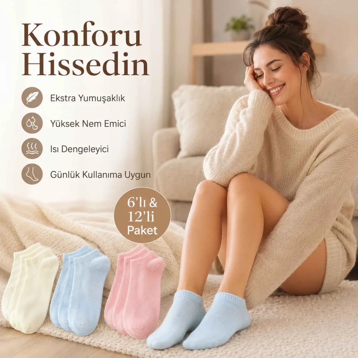 Kadın Bambu Dikişsiz Patik Çorap 6'lı | Nefes Alan Nem Emici Yumuşak, Krem Mavi Pembe