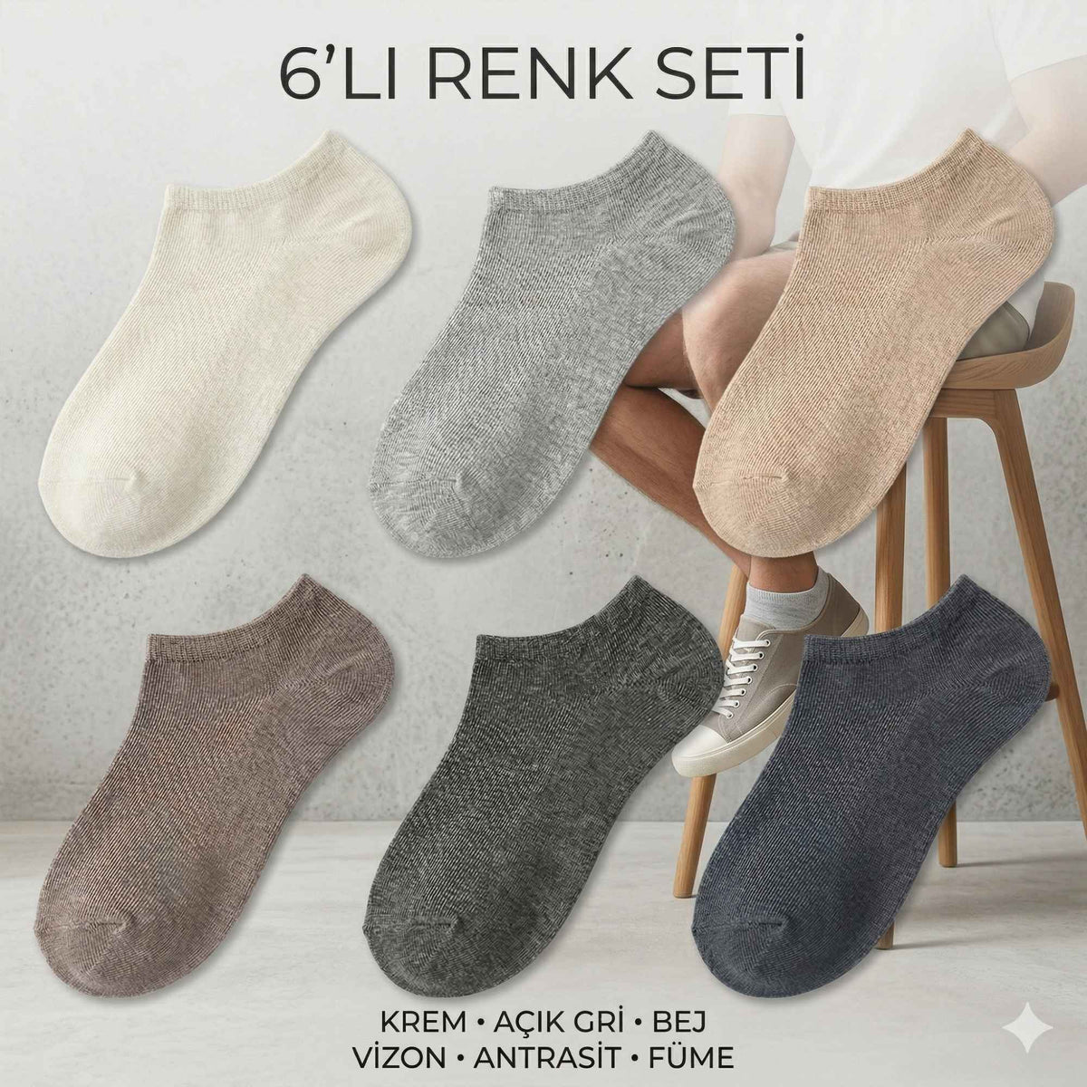 Erkek Görünmez Babet Çorap 6'lı | Yumuşak Esnek, Krem Gri Bej Vizon Antrasit Füme