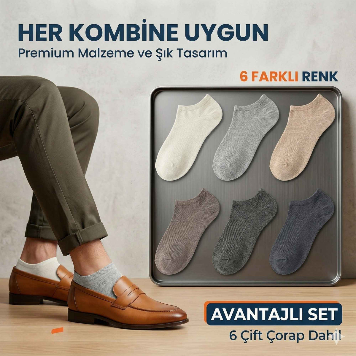 Erkek Görünmez Çorap 6’lı Set, Babet Kesim, Yumuşak ve Esnek Yapı, Krem, Açık Gri, Bej, Vizon, Antrasit, Füme