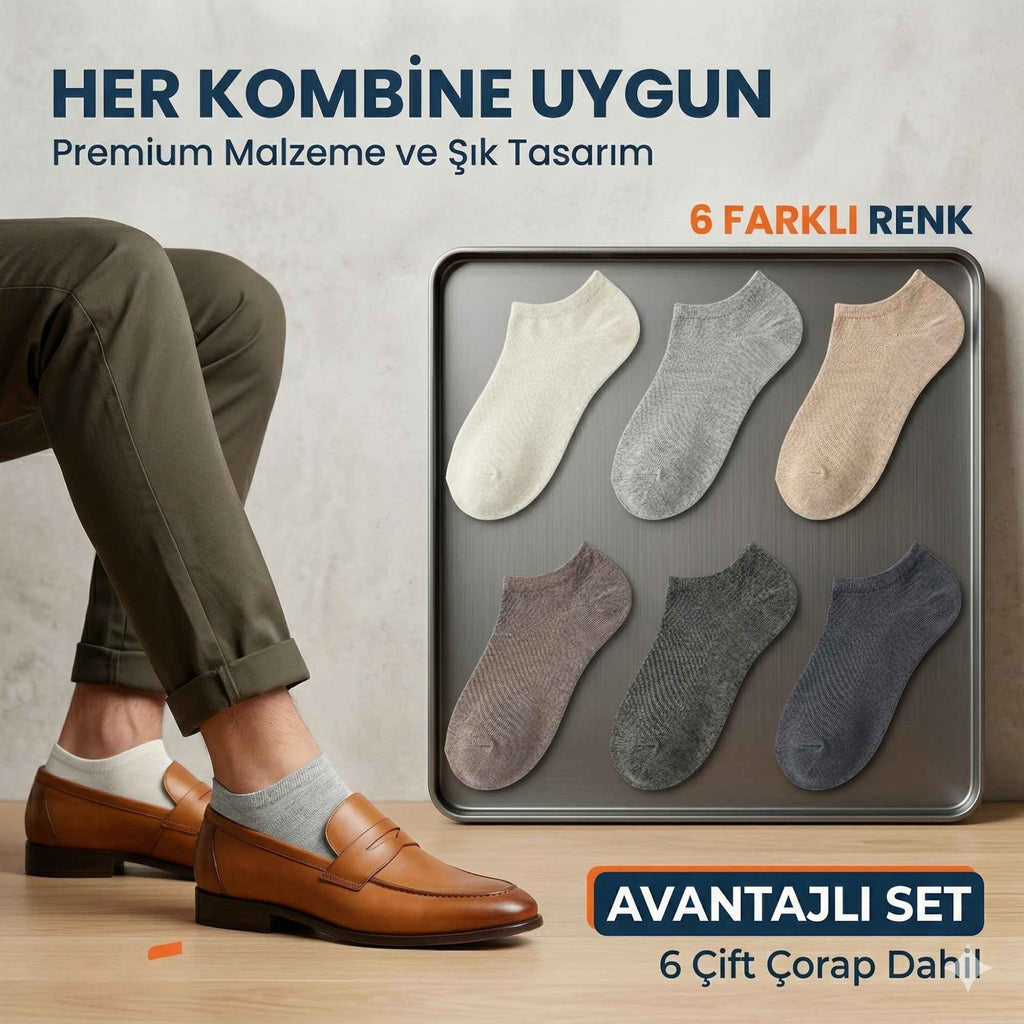 Erkek Görünmez Babet Çorap 6'lı | Yumuşak Esnek, Krem Gri Bej Vizon Antrasit Füme