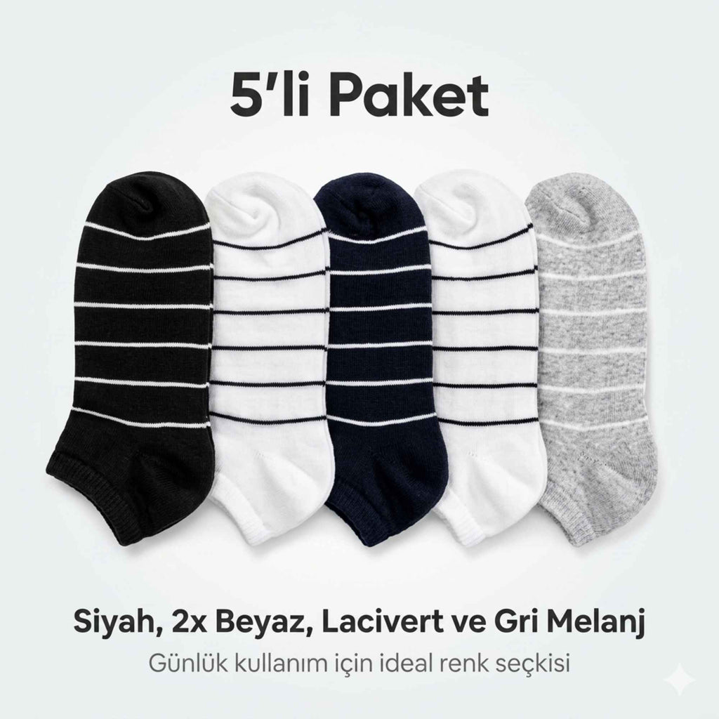 Ekonomik Kadın Patik Çorap 5'li Paket %85 Pamuklu Çizgili Yumuşak Konforlu Nefes Alabilir Set